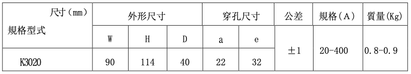 K3020開口式比流器電流互感器尺寸表